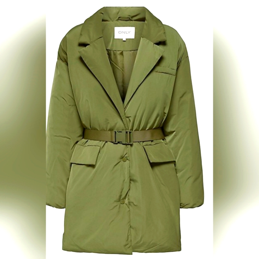 Astrid Womens Puffer Blazer Belted Jacket - Olive Green